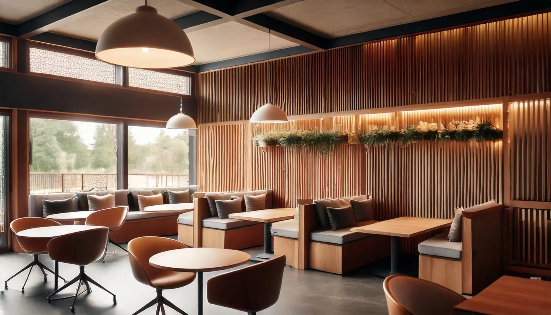 Firefly un restaurant moderno con mesas redondas y sillas simples. Bancos y mesas para cuatro person